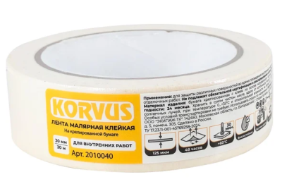Лента клейкая на креп. бумаге 30мм*30м Korvus/2010040